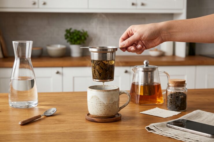 Correct Mug Brewing Technique Person lifting a metal tea strainer out of a hot mug in a kitchen setting.