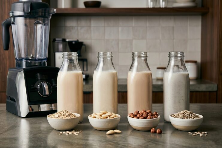 Four glass bottles containing different plant-based milks alongside oats, almonds, hazelnuts, and sunflower seeds