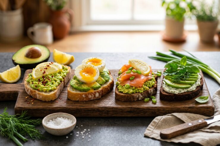 Homemade Avocado Toast Recipes Four different homemade avocado toasts arranged on a wooden serving board