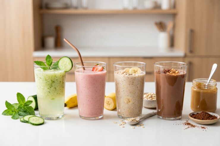 Smoothie Textures From Light to Hearty Four types of smoothies showcasing light, creamy, hearty with oats, and chocolate dessert textures