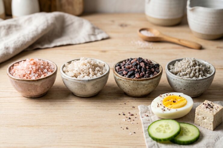 Mineral and Flavored Salts Pink Himalayan, gray, black, and smoked salt displayed in four ceramic bowls.