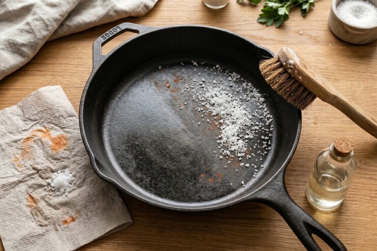 Restoring Rusted Cast Iron Scrubbing rust spots off a cast-iron skillet using coarse salt and a cleaning brush.