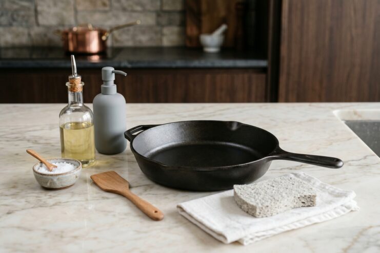 Cast-Iron Maintenance Tools Cast-iron skillet placed next to cooking oil, coarse salt, and a sponge on a marble countertop.