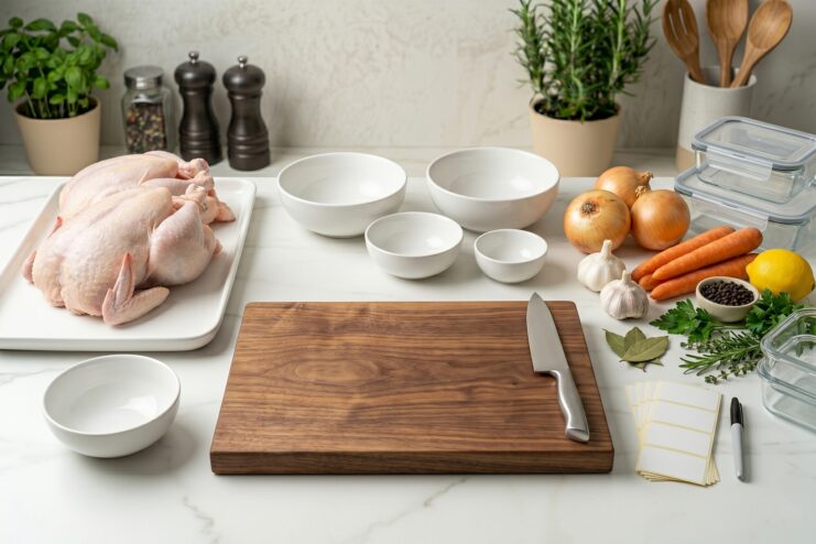 Preparation for butchering whole chickens Whole raw chickens on a tray next to vegetables, a cutting board, and a sharp chef's knife.