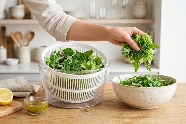 Salad spinner drying fresh greens Salad spinner filled with freshly washed lettuce and arugula leaves.