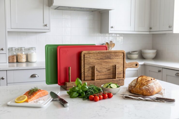 Color-Coded Cutting Boards in a Vertical Stand Colorful plastic and wooden cutting boards stored vertically in a stand next to fish, vegetables, and bread