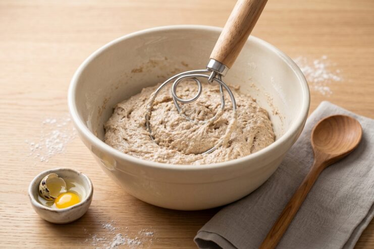 Danish dough whisk mixing thick batter Danish dough whisk with its characteristic spiral wire loop mixing thick batter in a bowl.
