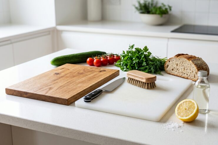 Wooden and Plastic Cutting Board Comparison Wooden and plastic cutting boards on a bright kitchen counter next to fresh produce and a chef's knife