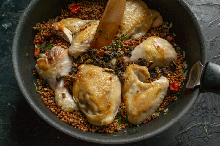 Adding Wild Mushrooms Adding mushrooms to chicken and buckwheat