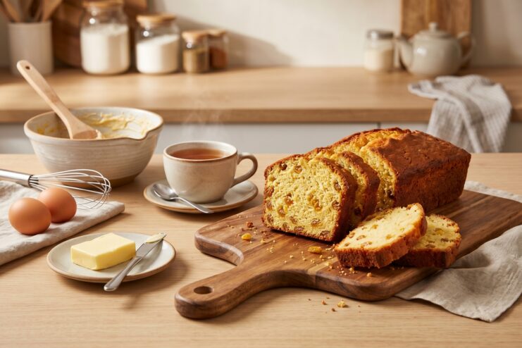 Sliced homemade raisin loaf cake sitting on a rustic kitchen table alongside tea