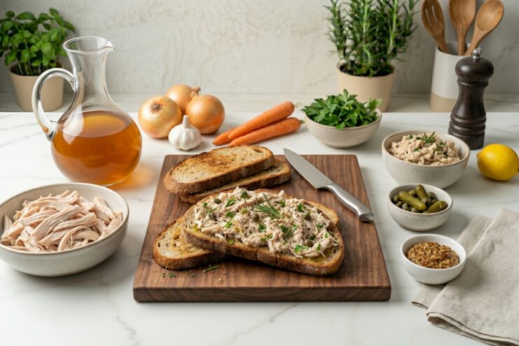 Homemade chicken rillettes from picked meat Homemade rustic chicken rillettes spread over toasted bread, garnished with fresh herbs and spices.