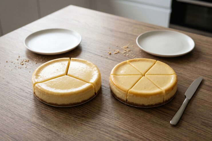Illustration of the Thermic Effect of Food Two identical cheesecakes, one sliced into 3 pieces and the other into 6.