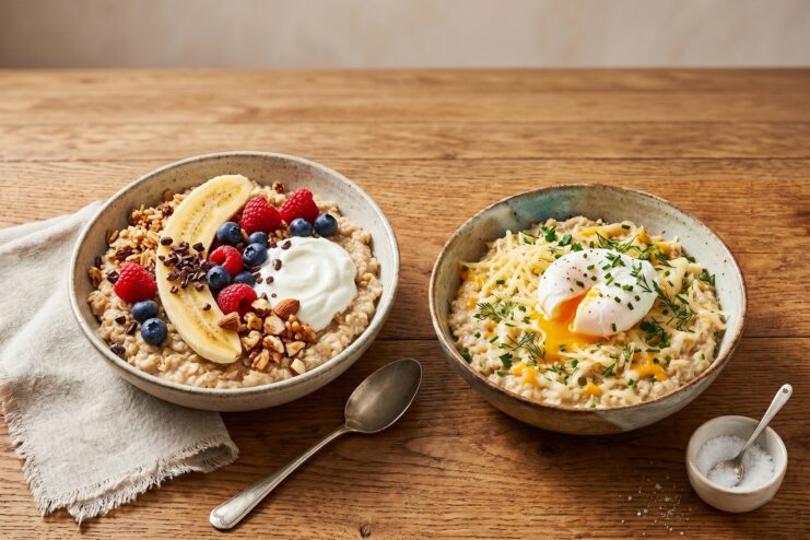 Different Oatmeal Variations Two bowls of oatmeal: one sweet with fresh fruits and one savory topped with a poached egg