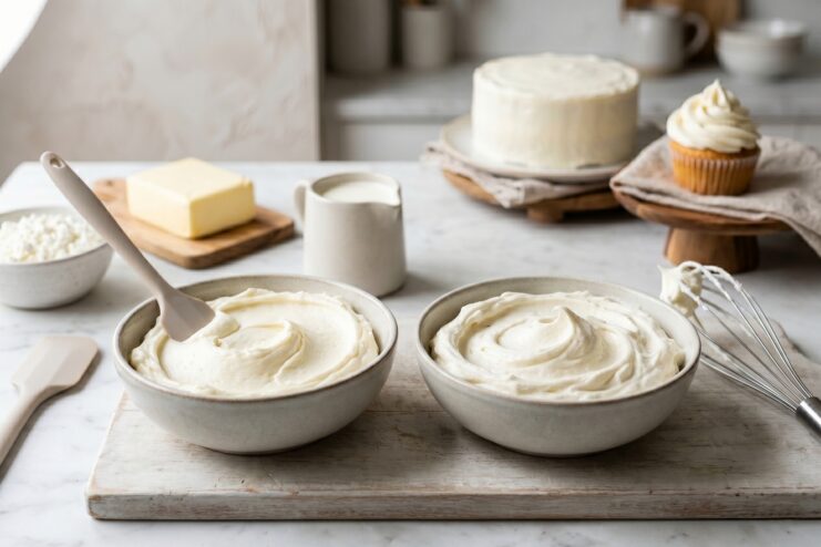 Two bowls comparing butter-based and heavy cream cream cheese frosting for cake decoration