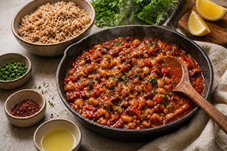 Beans in Tomato Sauce Savory beans simmering in a spiced tomato sauce inside a skillet