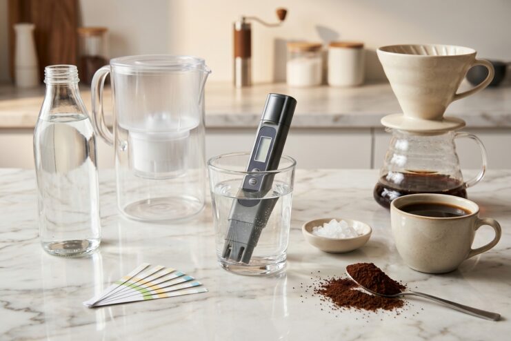 A water filter pitcher, a bottle of mineral water, and a TDS meter on a kitchen countertop