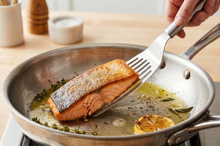 Flexible fish spatula lifting salmon Flexible slotted metal fish spatula lifting a piece of seared salmon fillet from a frying pan.
