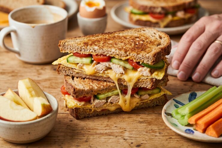 Hearty Hot Sandwich Making Warm toasted sandwich filled with melted cheese, folded omelet, and fresh vegetables