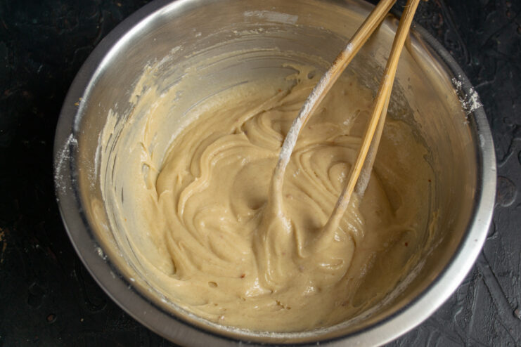 Mixed cake batter Thick cake batter in a mixing bowl