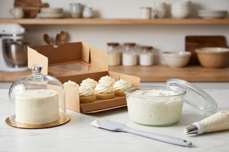 Frosted cupcakes and a decorated cake placed inside storage containers for refrigeration