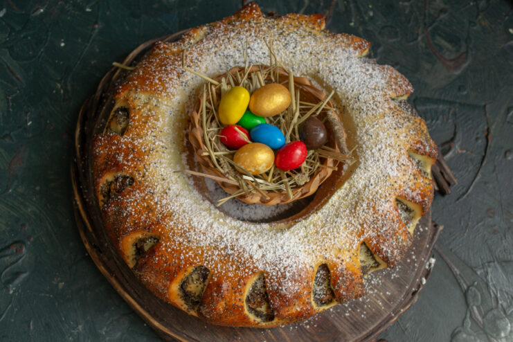 Final Decoration Finished poppy seed cake dusted with powdered sugar and festively decorated