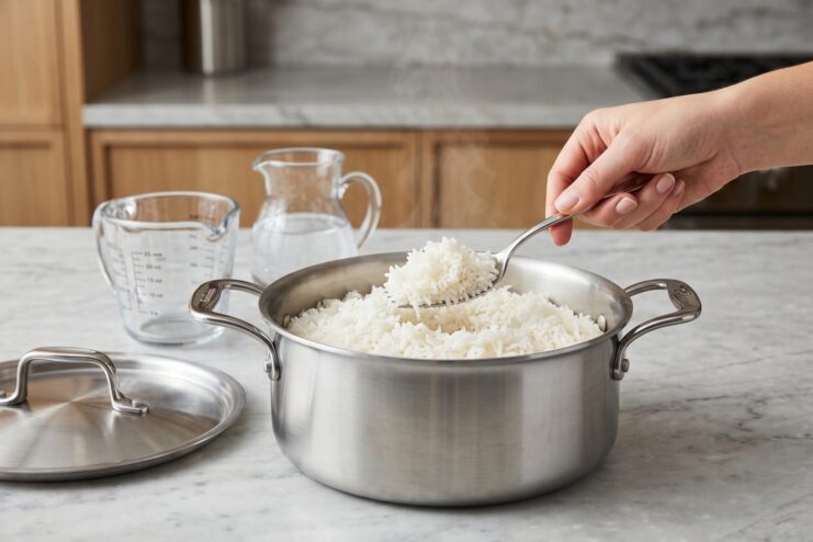 Perfectly Cooked Fluffy Rice Finished fluffy white rice resting inside a cooking pot