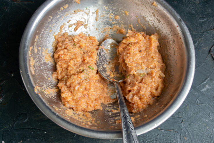 Dividing the fish mixture Prepared minced fish divided into equal portions
