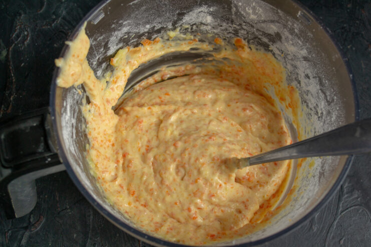 Finished Vegetable Batter Thick and smooth vegetable batter for potato fritters in a bowl