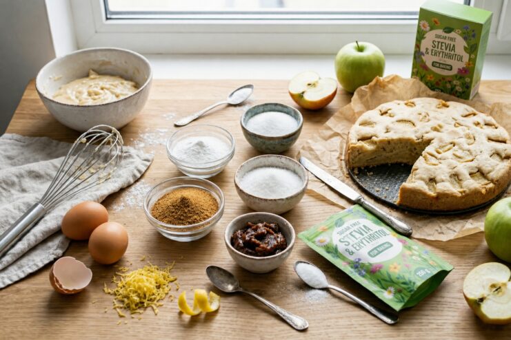 Healthy Baking Ingredients Assortment Assorted healthy baking ingredients, including eggs, zest, various sweeteners, and a baked pie