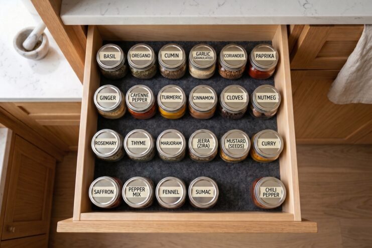 Neatly organized drawer containing spices in labeled glass jars