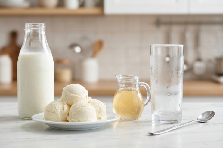 Prepping Milkshake Ingredients A bottle of whole milk, scoops of premium ice cream, fruit syrup, and an empty glass prepared for blending.