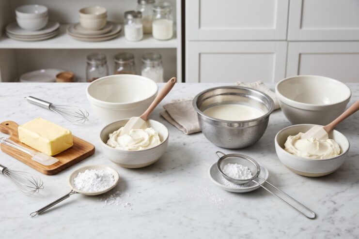 Essential baking ingredients including butter, heavy cream, powdered sugar, and cream cheese on a table