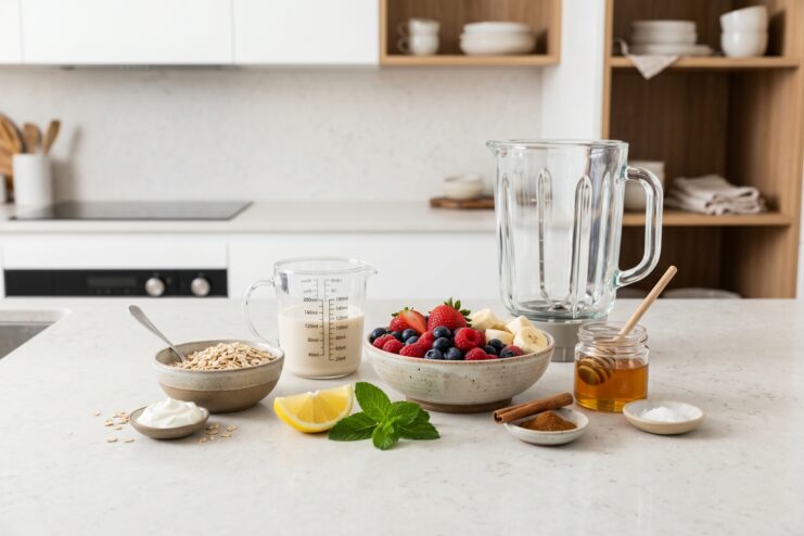 Ingredients for Making Smoothies Smoothie ingredients arranged on a table including oats, yogurt, fresh berries, bananas, lemon, and honey