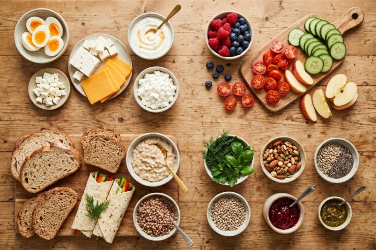 Simple Breakfast Formula Components Breakfast ingredients including sliced bread, eggs, fresh vegetables, berries, and porridge