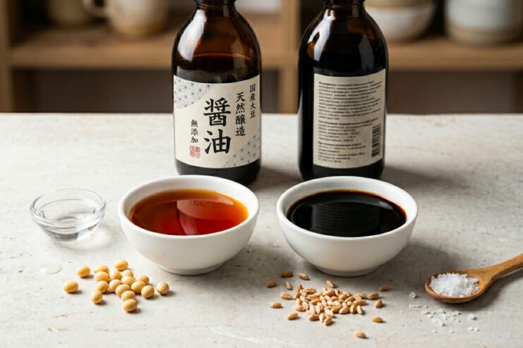 Natural Ingredients of Authentic Soy Sauce Soybeans, wheat grains, salt, and water arranged next to bowls of dark soy sauce