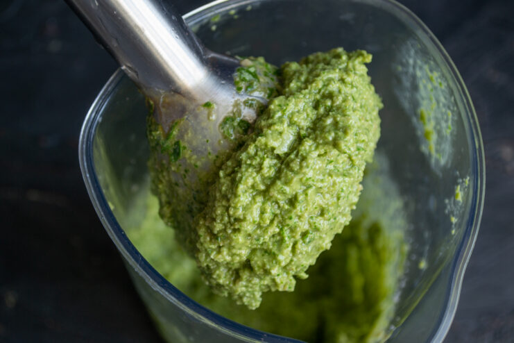 Blending the Sauce Blending pesto ingredients together with an immersion blender