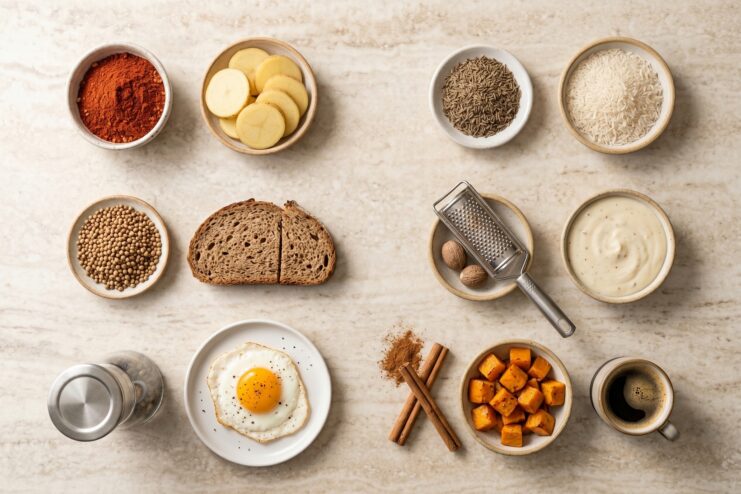 Pairing Spices With Everyday Ingredients Collage of spices and matching ingredients like egg, coffee, bread, rice, and potatoes.