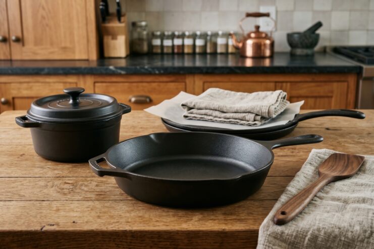 Cast-Iron Cookware Set Collection of cast-iron cookware including skillets and a kazan on a wooden kitchen table.