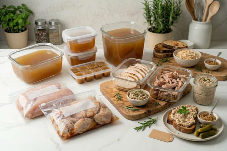 Chicken meal prep storage system Containers of broth, vacuum-sealed meat bags, and small jars of chicken pâté stored in a kitchen setting.