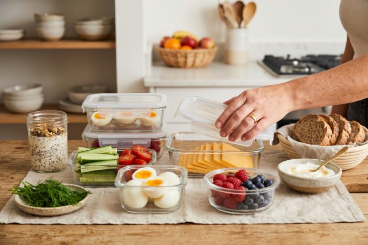Breakfast Prep Containers Meal prep containers holding boiled eggs, sliced cheese, fresh vegetables, and mixed berries