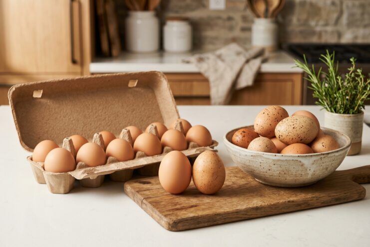Farm Fresh Brown Eggs Brown farm-fresh eggs resting in a cardboard carton and a rustic ceramic bowl on a wooden cutting board.