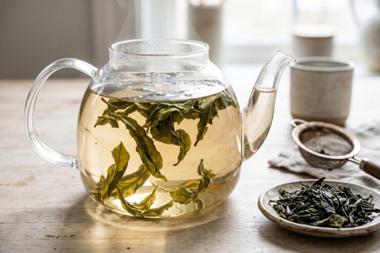 Tea Leaves Unfurling in Water Large green tea leaves expanding inside a transparent glass teapot.