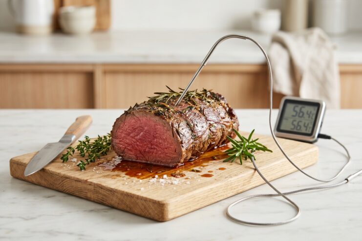 Probe thermometer inside roasted meat Kitchen probe thermometer inserted into a piece of freshly baked meat resting on a cutting board.