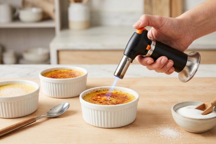 Culinary blowtorch caramelizing dessert Culinary blowtorch melting sugar to create a caramelized crust on a crème brûlée dessert.
