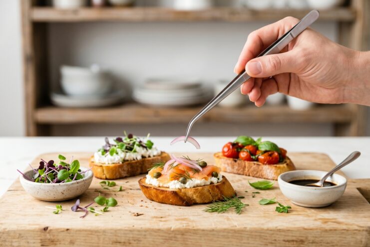 Culinary tweezers placing microgreens Chef using precision culinary tweezers to arrange delicate garnishes on holiday appetizers.