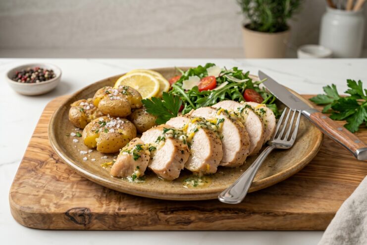 Chicken breast with lemon butter Pan-seared chicken breast topped with melting lemon butter, served alongside roasted potatoes and a green salad.