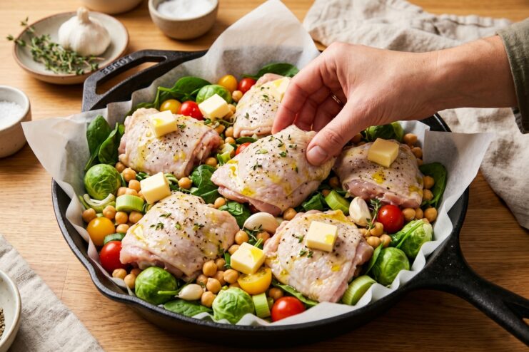 Chicken thighs topped with butter cubes over a vegetable bed in a skillet.