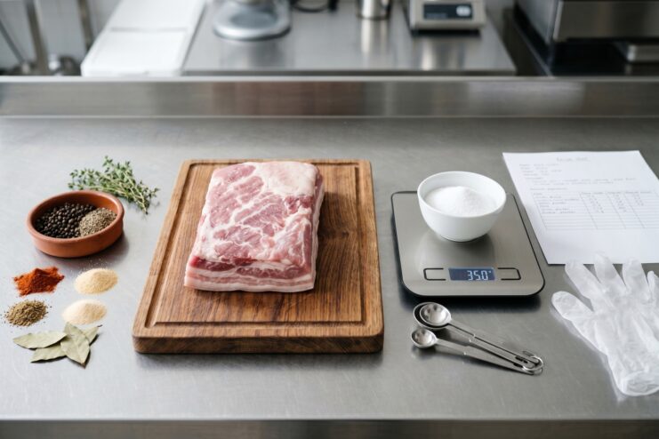 Preparing Meat with Curing Salt Meat cut on a board beside a kitchen scale measuring salt, spices, and charcuterie gloves.