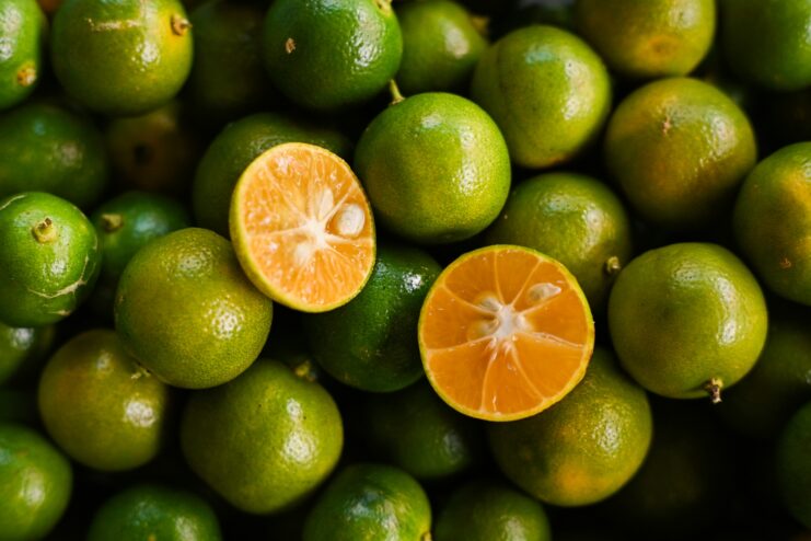 Philippine Calamansi Citrus Halved small green calamansi fruits showing bright orange flesh inside