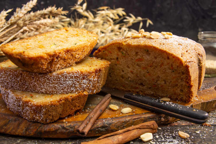 Sliced carrot and zucchini loaf cake with peanuts